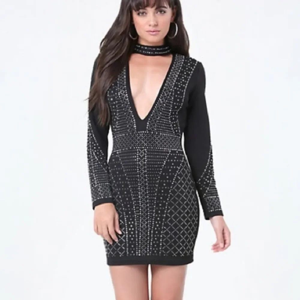 Bebe Black Studded Alexa Mock Neck Long Sleeve Mini Dress